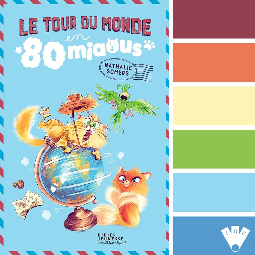 Color palette à partir de la couverture du livre "Le Tour du monde en 80 miaous" de Nathalie Somers