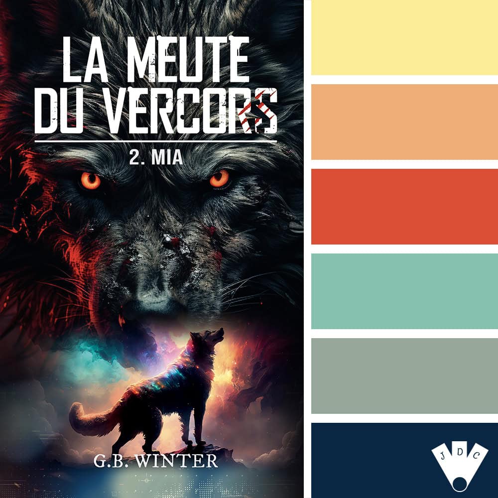 Palette de couleurs inspirée du livre "La Meute du Vercors 2 : Mia" de G.B. Winter. Tons vifs et mystérieux : jaune clair, orange, vert menthe, vert olive et bleu marine. Couverture représentant des loups et des montagnes.