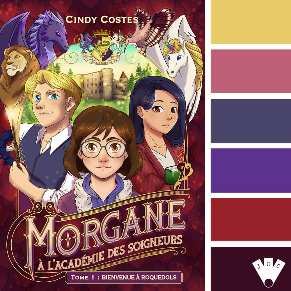 Palette de couleurs inspirée de l'univers magique de "Bienvenue à Roquedols", le premier tome de la série "Morgane à l'Académie des Soigneurs". Ces teintes vibrantes évoquent les créatures fantastiques et les aventures de Morgane dans son école de magie.